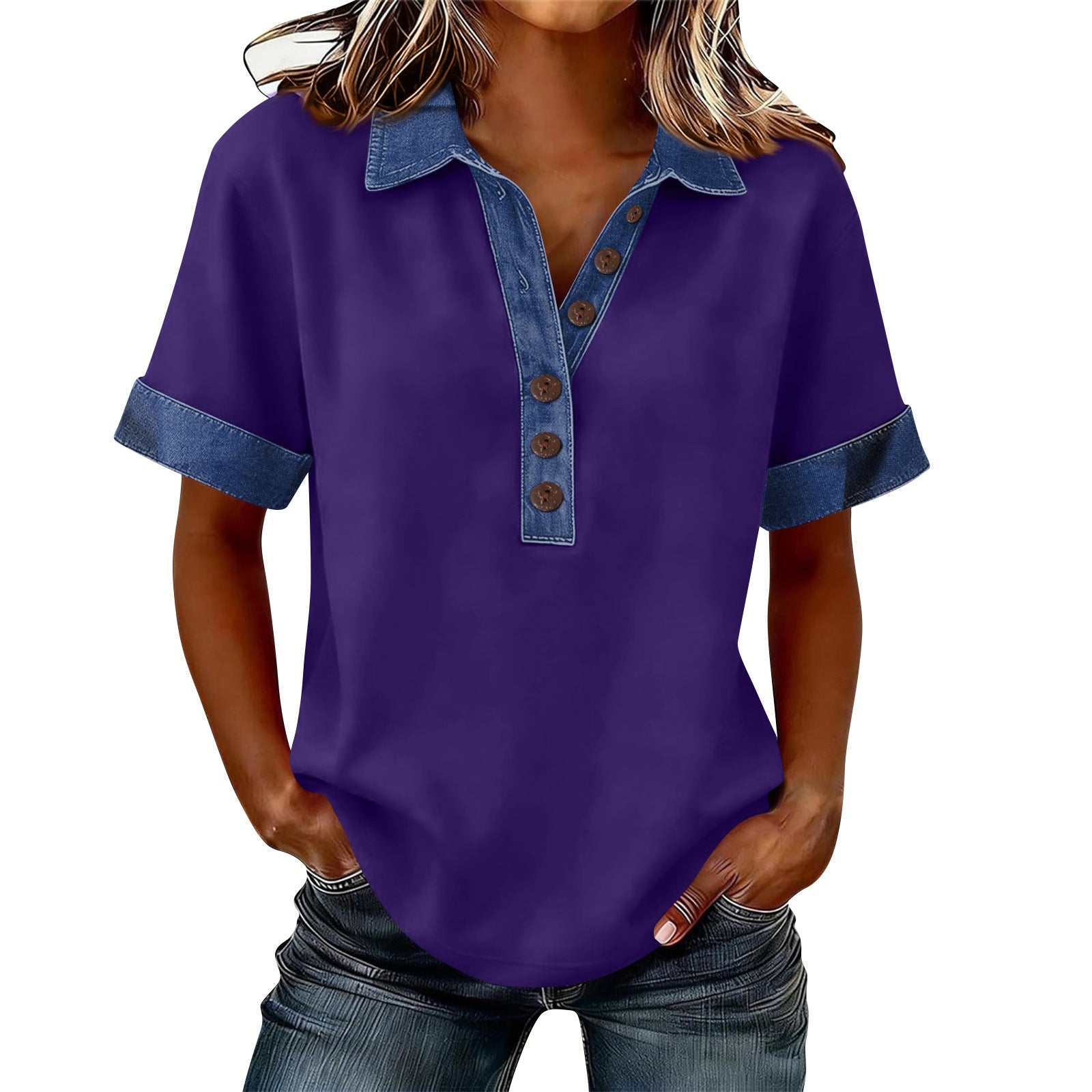 Summer New Denim Patchwork Polo Shirt - T&amp;A enterprises