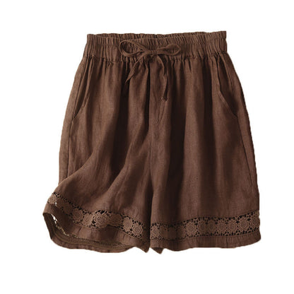 Thin Elastic-Waist Lace-up Hollowed-Out Casual Cotton-Linen Straight Pants - T&amp;A enterprises