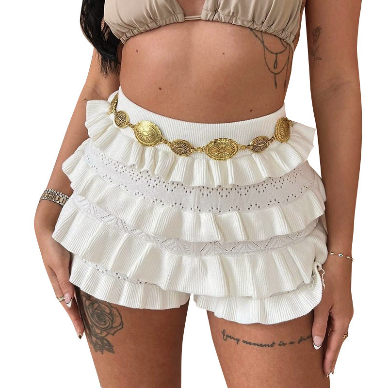 Sexy Solid-Colored High-Waisted Knitted Multi-Layer Ruffle-Trimmed Shorts - T&amp;A enterprises