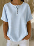 Casual Solid Color V-Neck Buttoned Striped Cotton-Linen T-Shirt - T&A enterprises