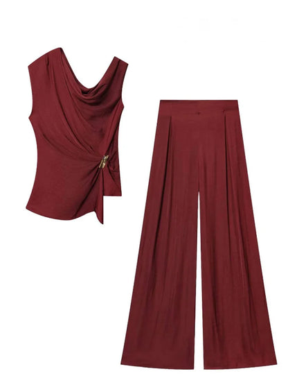HH Women Elegant Pants Suit Dew Shoulder Golden Button Sleeveless Solid Short Top+Pleated High-Waisted Wide Leg Long Pant - T&amp;A enterprises