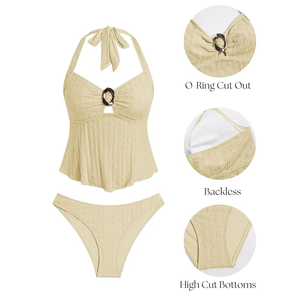 Halter Tankini Swimsuits for Women Lace O-Ring Cut Out Two Piece Tummy Control Swimsuits Bathing Suits - T&amp;A enterprises