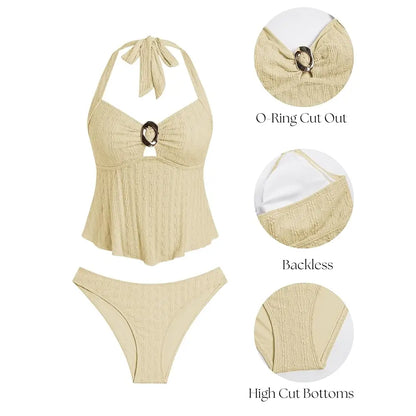 Halter Tankini Swimsuits for Women Lace O-Ring Cut Out Two Piece Tummy Control Swimsuits Bathing Suits - T&amp;A enterprises