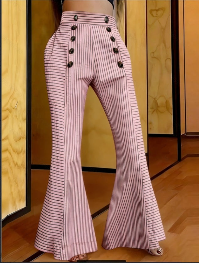 Striped High Waist Button Detail Flare Pants - T&amp;A enterprises