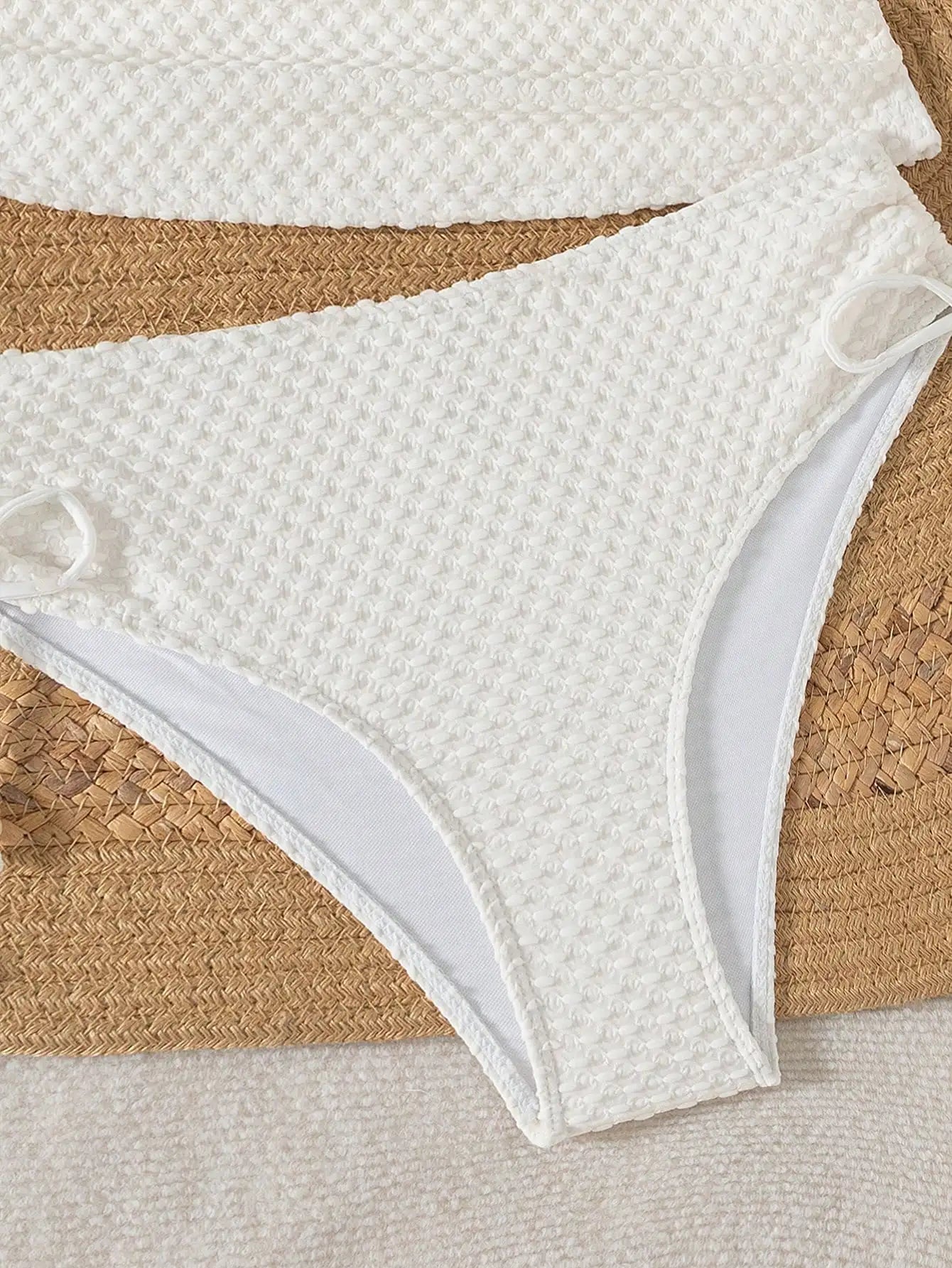 Women White Knitted Jacquard Beaded Drawstring Halter Neck Bikini Set - T&amp;A enterprises