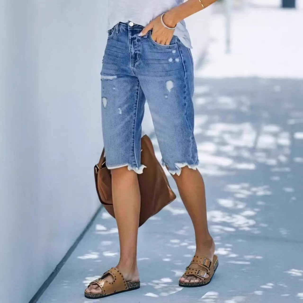 Casual Mid-Length Ripped Denim Shorts - T&amp;A enterprises