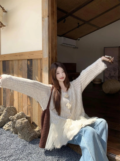 3D Floral Mesh Splicing Knitted Sweater Coat Women&