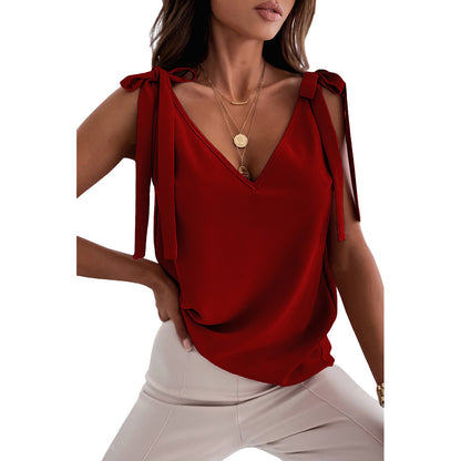 Bowknot Tie Up Camisole V-neck Shirts Women Summer Sleeveless Tank Tops - T&amp;A enterprises