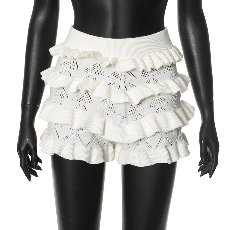 Sexy Solid-Colored High-Waisted Knitted Multi-Layer Ruffle-Trimmed Shorts - T&amp;A enterprises