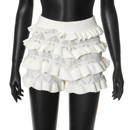 Sexy Solid-Colored High-Waisted Knitted Multi-Layer Ruffle-Trimmed Shorts - T&amp;A enterprises