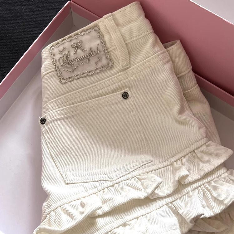 White Ruffled Panel Denim Shorts - T&amp;A enterprises