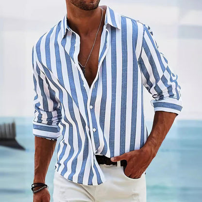 Striped Print Shirt Casual Loose Long-sleeved Shirt Men&