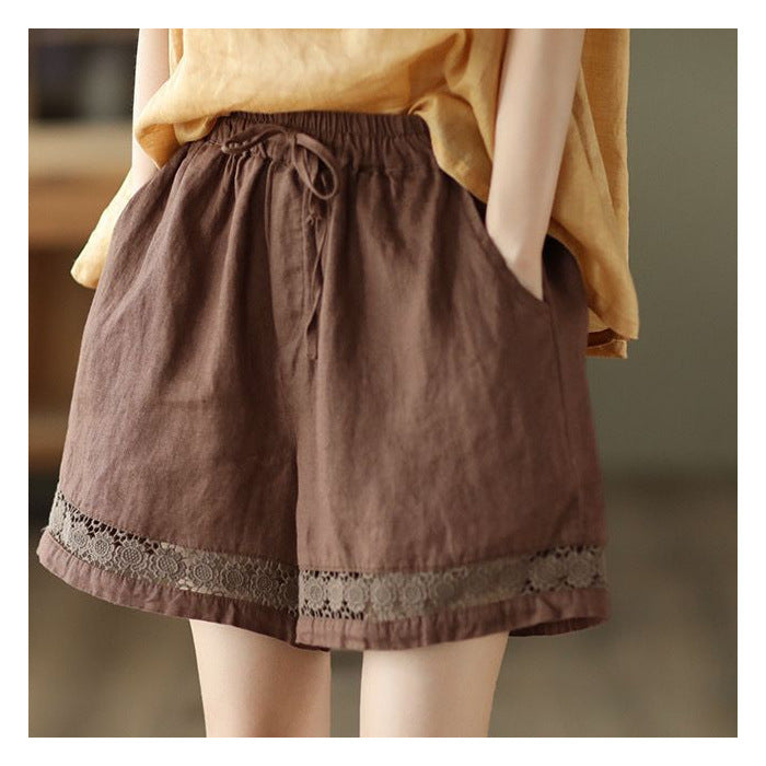 Thin Elastic-Waist Lace-up Hollowed-Out Casual Cotton-Linen Straight Pants - T&amp;A enterprises