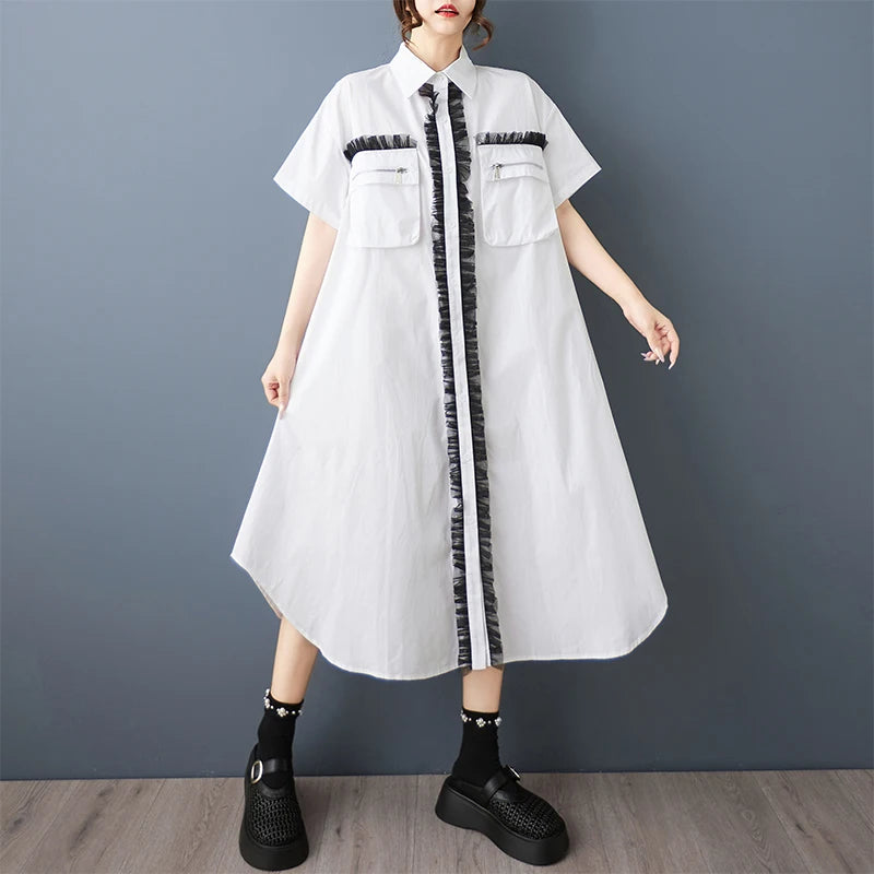 Tannt Women Dress Mesh Patchwork Color Matching Shirts Dresses Irregular Fashion Black White Summer Long Dresses 2025 New - T&amp;A enterprises