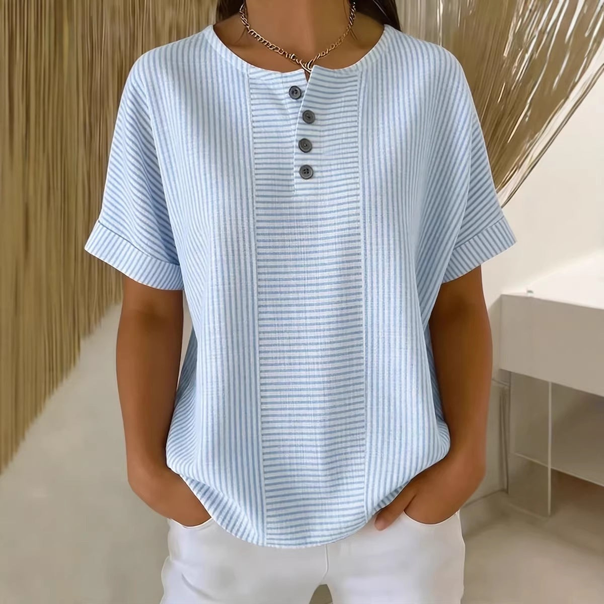 Casual Solid Color V-Neck Buttoned Striped Cotton-Linen T-Shirt - T&amp;A enterprises