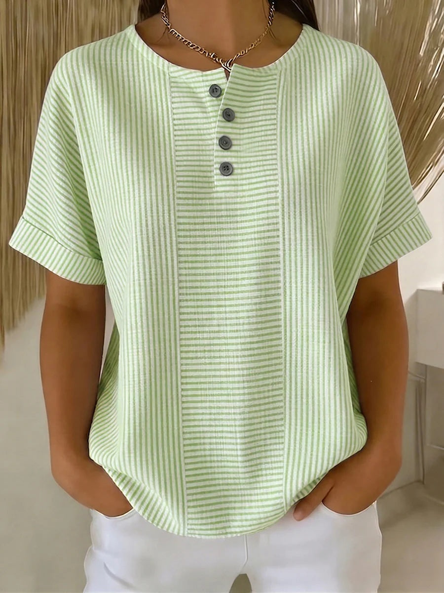 Casual Solid Color V-Neck Buttoned Striped Cotton-Linen T-Shirt - T&amp;A enterprises