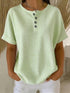 Casual Solid Color V-Neck Buttoned Striped Cotton-Linen T-Shirt - T&A enterprises