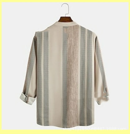 Striped Stand Collar Slub Linen Casual Shirt For Men - T&amp;A enterprises