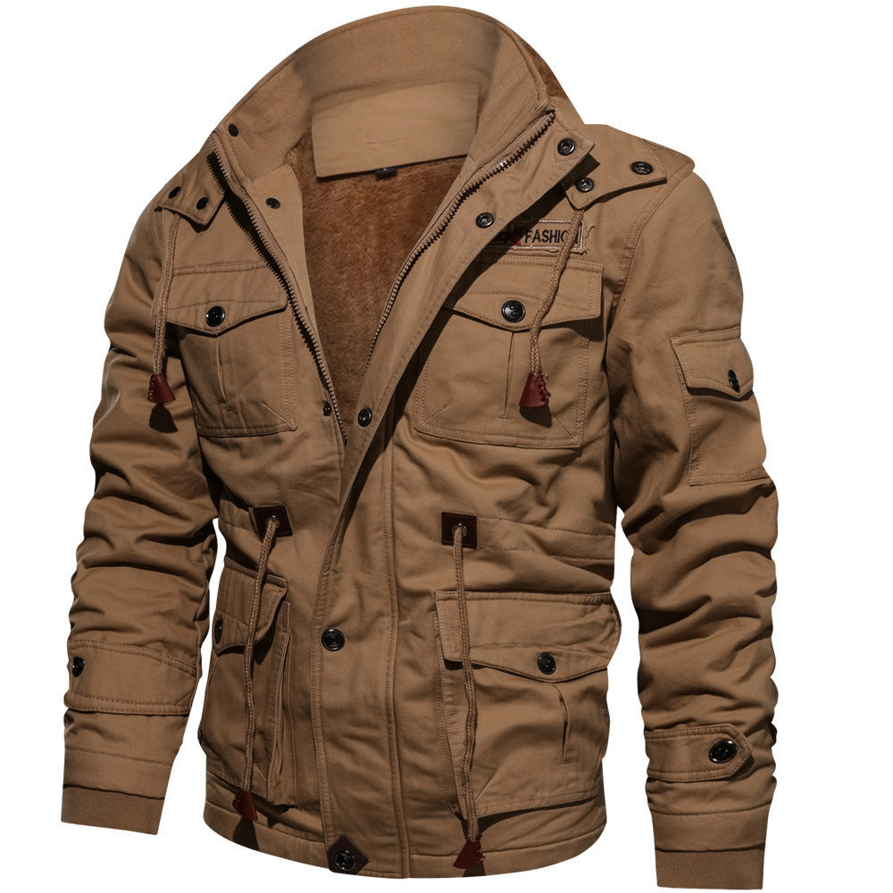 Winter Zip-up Coat Warm Thickened Detachable Hooded Jacket Multi-pocket  Button Drawstring Long Sleeve Tops Men&
