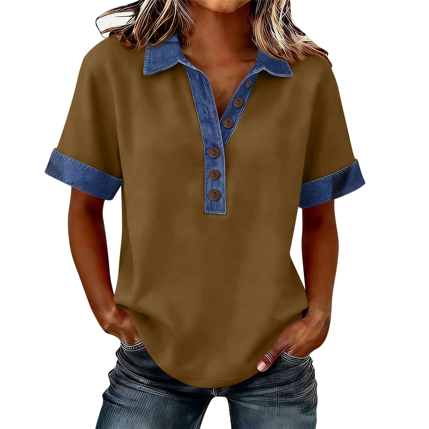 Summer New Denim Patchwork Polo Shirt - T&amp;A enterprises