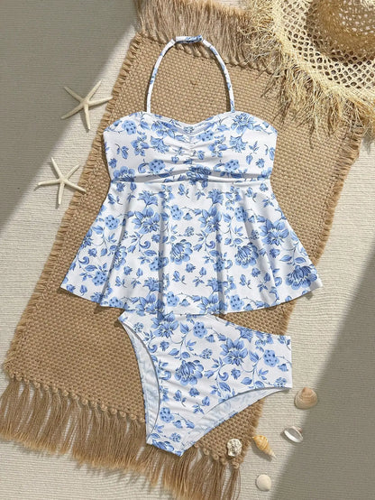 Blue Floral Tankini Set With Halter Neck And Ruffle Hem For Women - T&amp;A enterprises