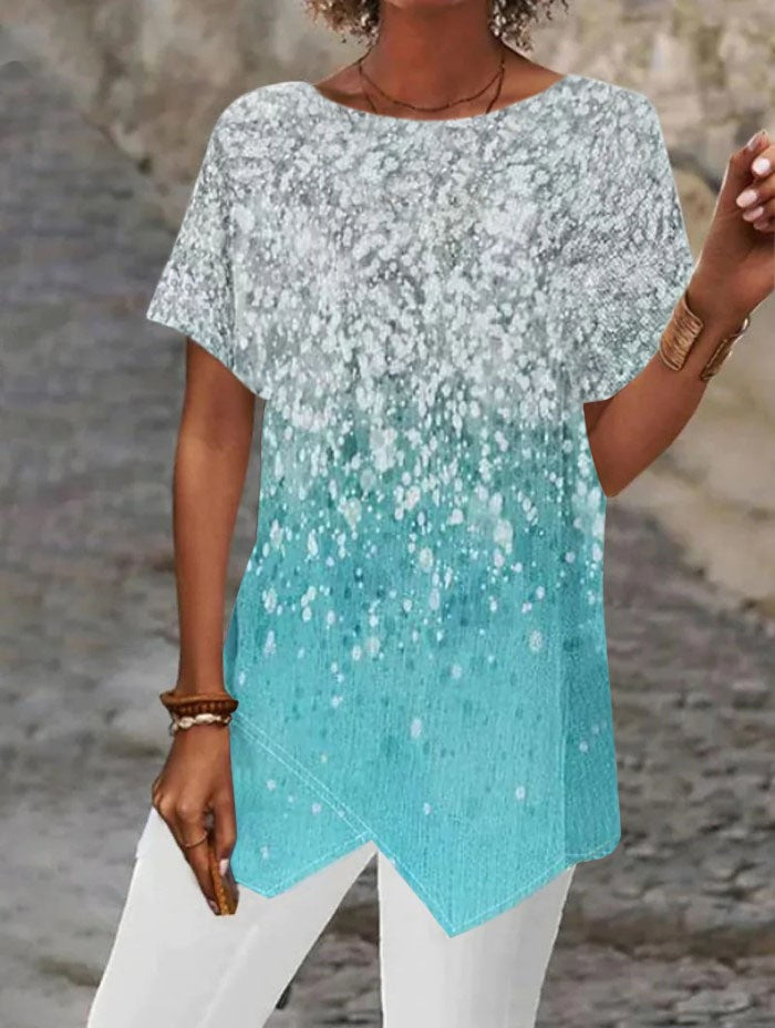 2026 European And American Summer Cross-border New Style Geometric Print Loose Short-sleeved T-shirt With Asymmetrical Hem - T&amp;A enterprises