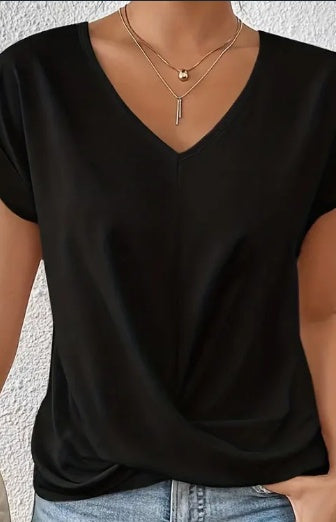 Knot V Neck T-Shirt, Casual Short Sleeve T-Shirt For Spring &amp; Summer, Women&