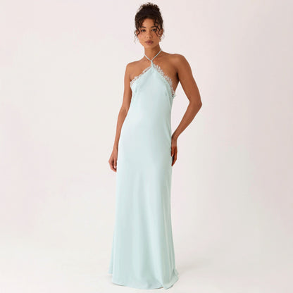 Lace-spliced Backless Slip Dress Solid Color - T&amp;A enterprises