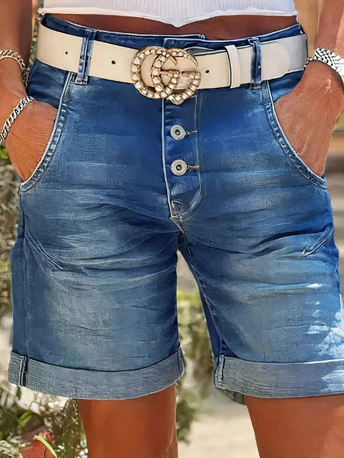 Womens High-Waist Denim Cropped Pants With Elastic Waist And Rolled Hem - T&amp;A enterprises