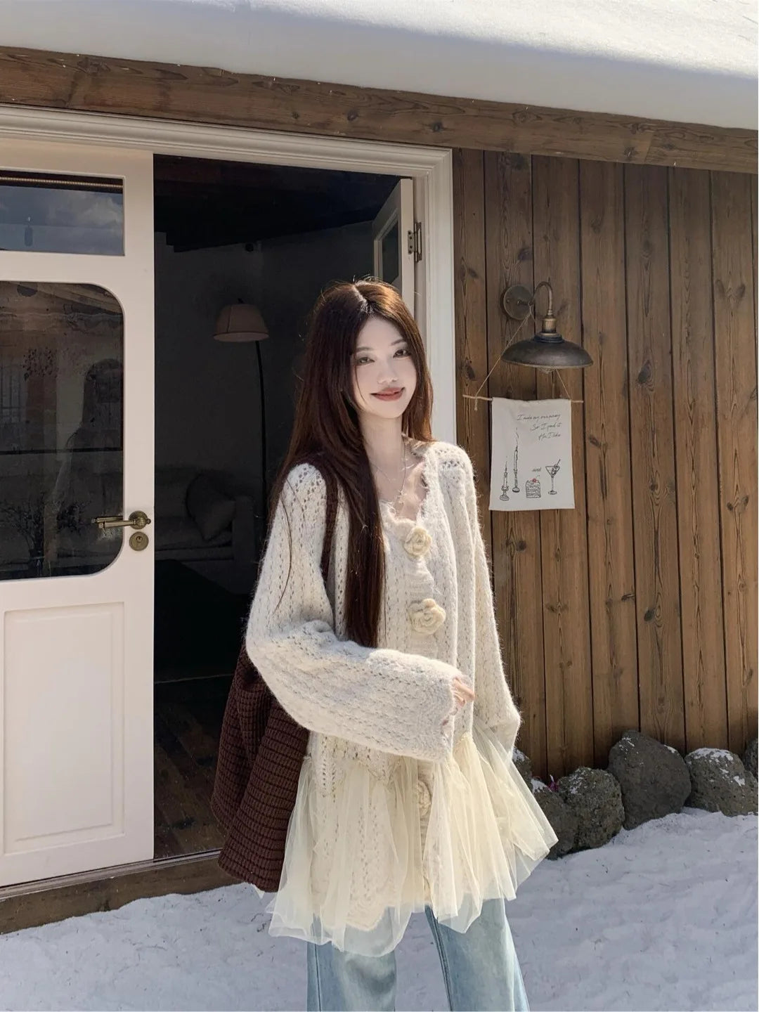 3D Floral Mesh Splicing Knitted Sweater Coat Women&
