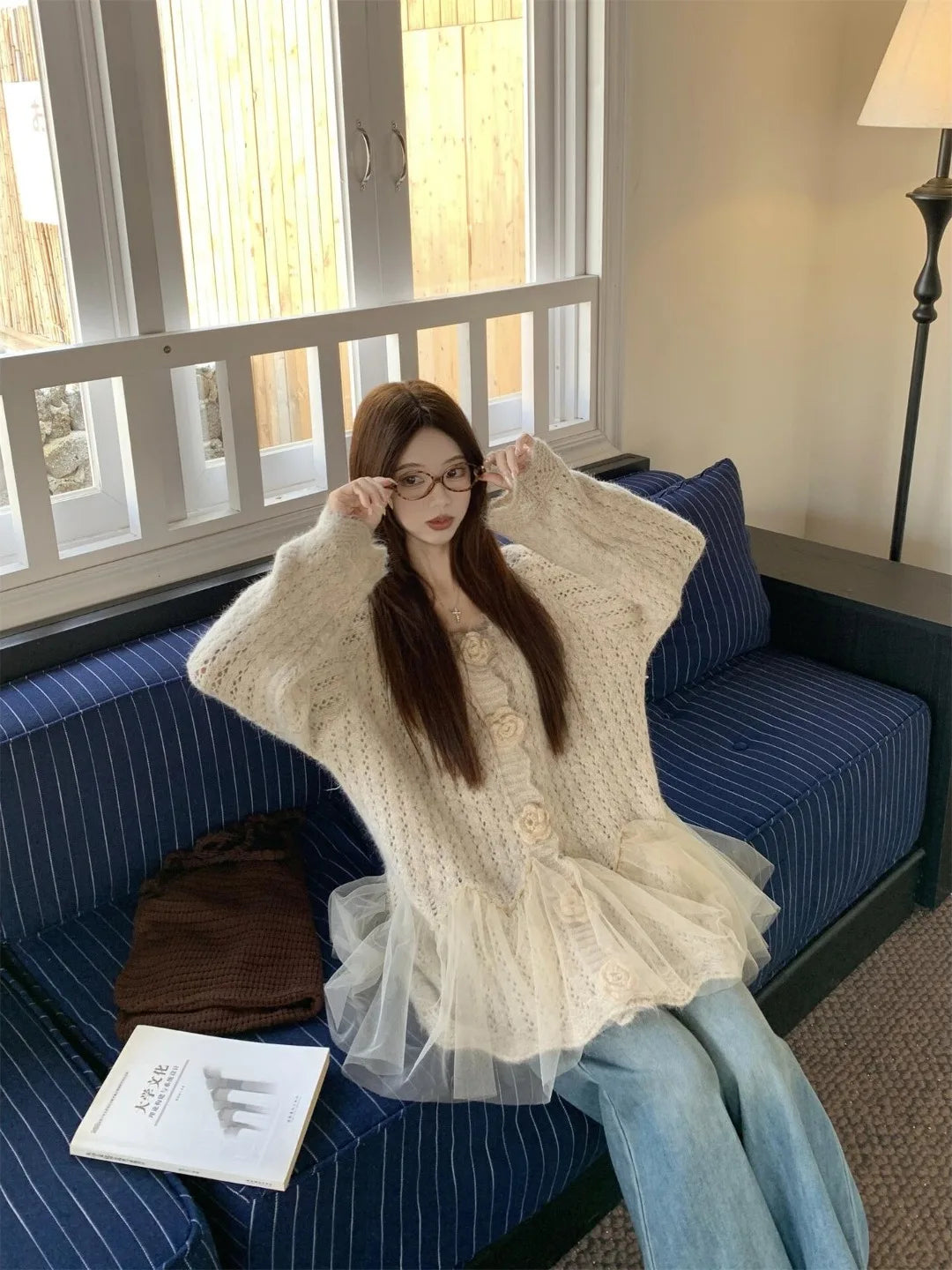 3D Floral Mesh Splicing Knitted Sweater Coat Women&