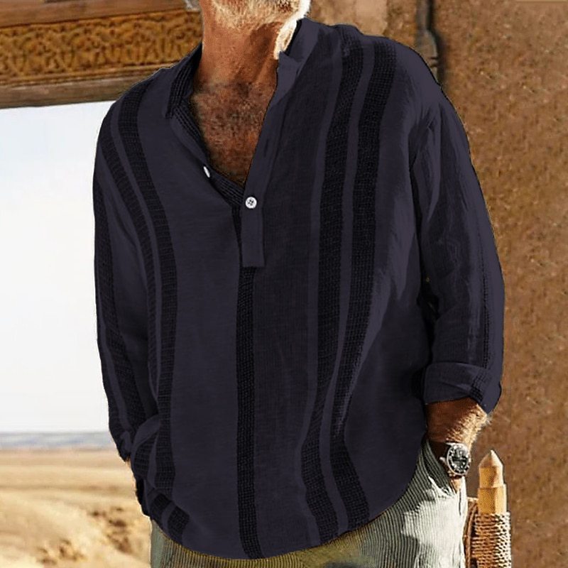 Striped Stand Collar Slub Linen Casual Shirt For Men - T&amp;A enterprises