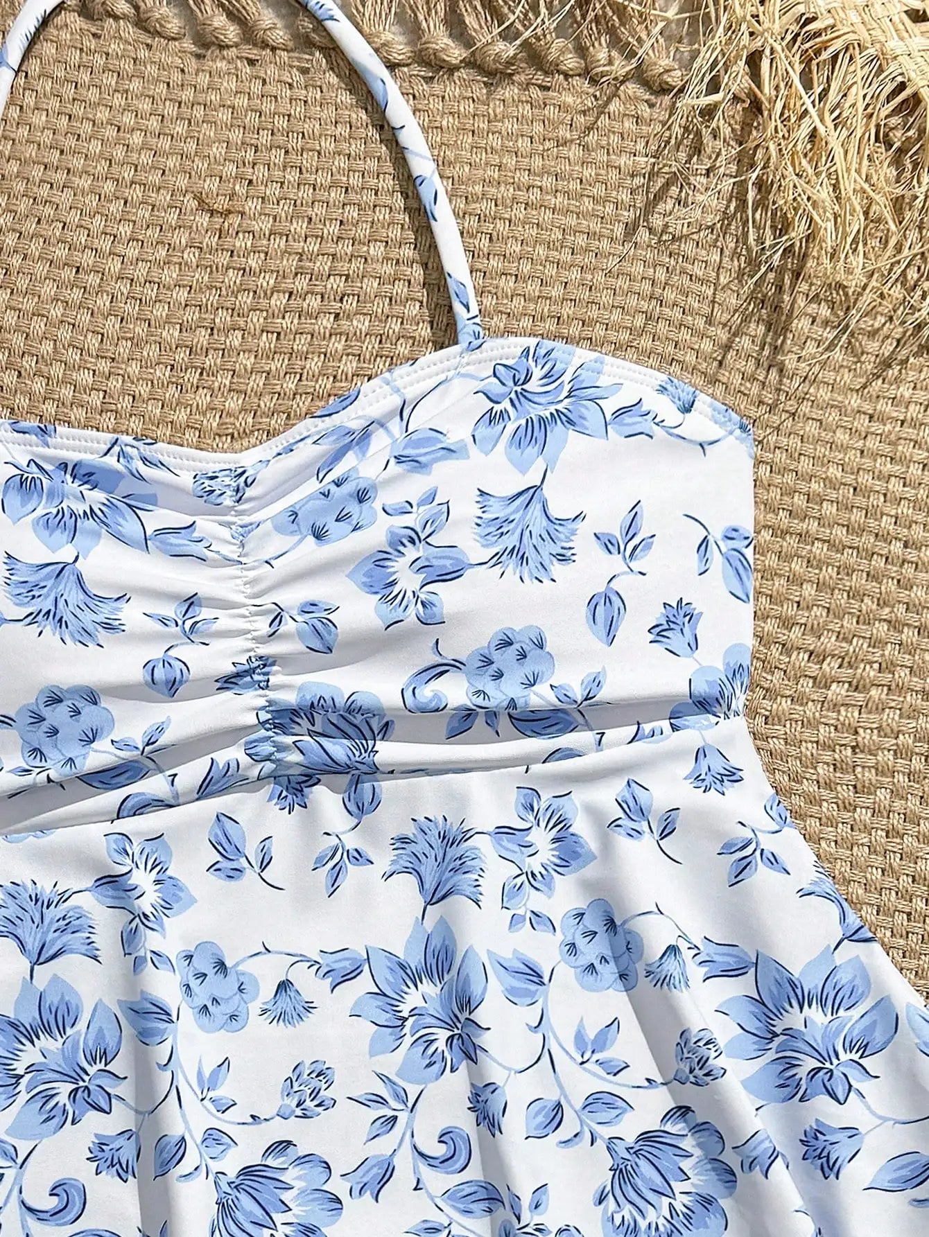 Blue Floral Tankini Set With Halter Neck And Ruffle Hem For Women - T&amp;A enterprises