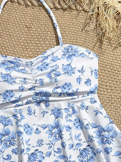 Blue Floral Tankini Set With Halter Neck And Ruffle Hem For Women - T&amp;A enterprises
