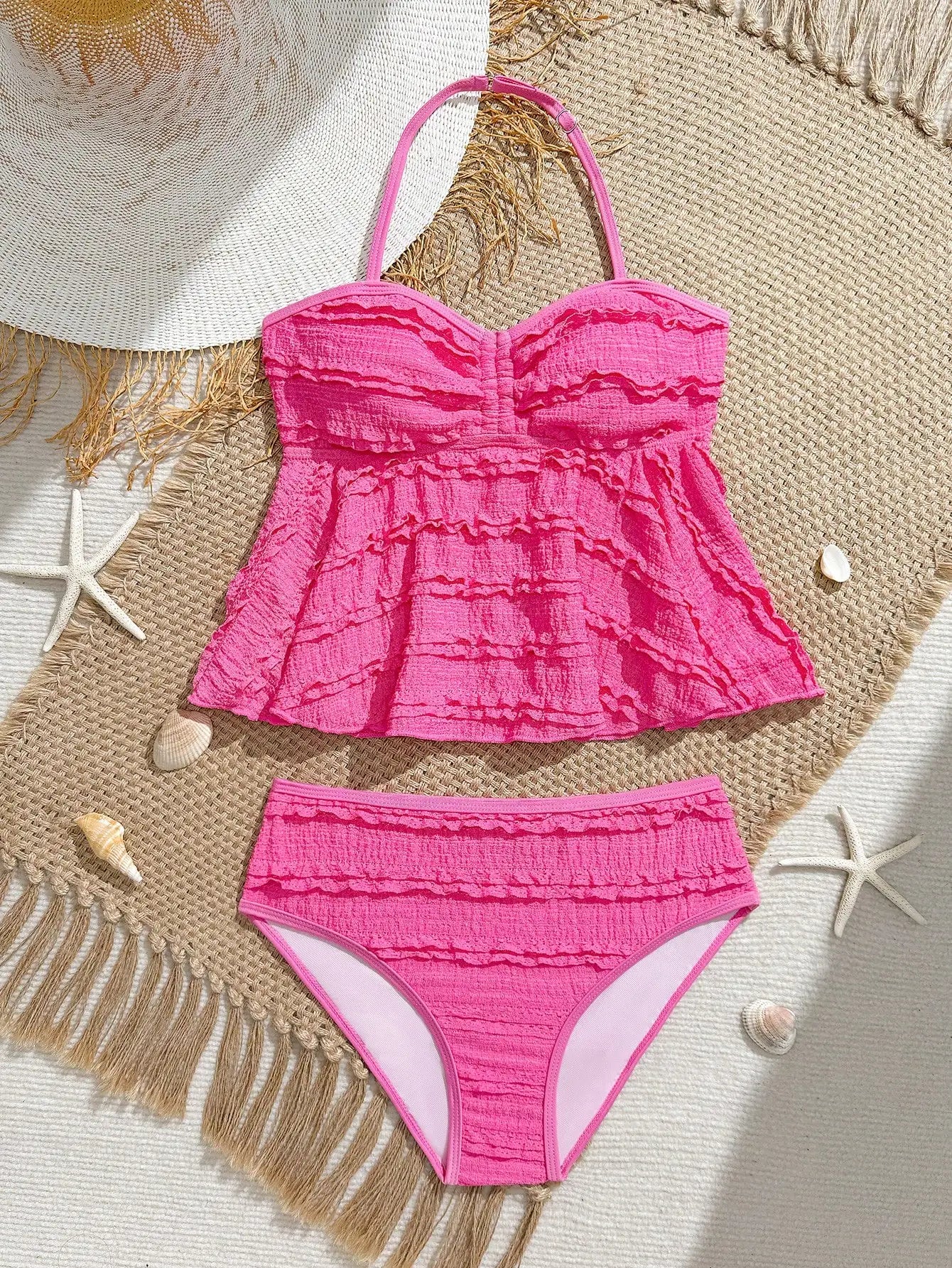 Blue Floral Tankini Set With Halter Neck And Ruffle Hem For Women