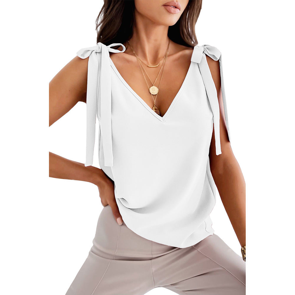 Bowknot Tie Up Camisole V-neck Shirts Women Summer Sleeveless Tank Tops - T&amp;A enterprises