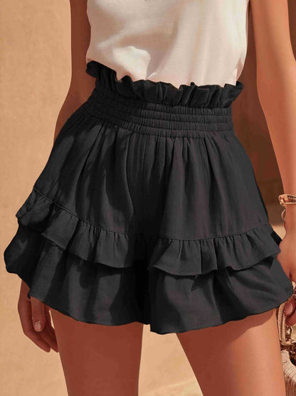 Fashionable Cinched Waist Ruffle Trim Casual Shorts - T&amp;A enterprises