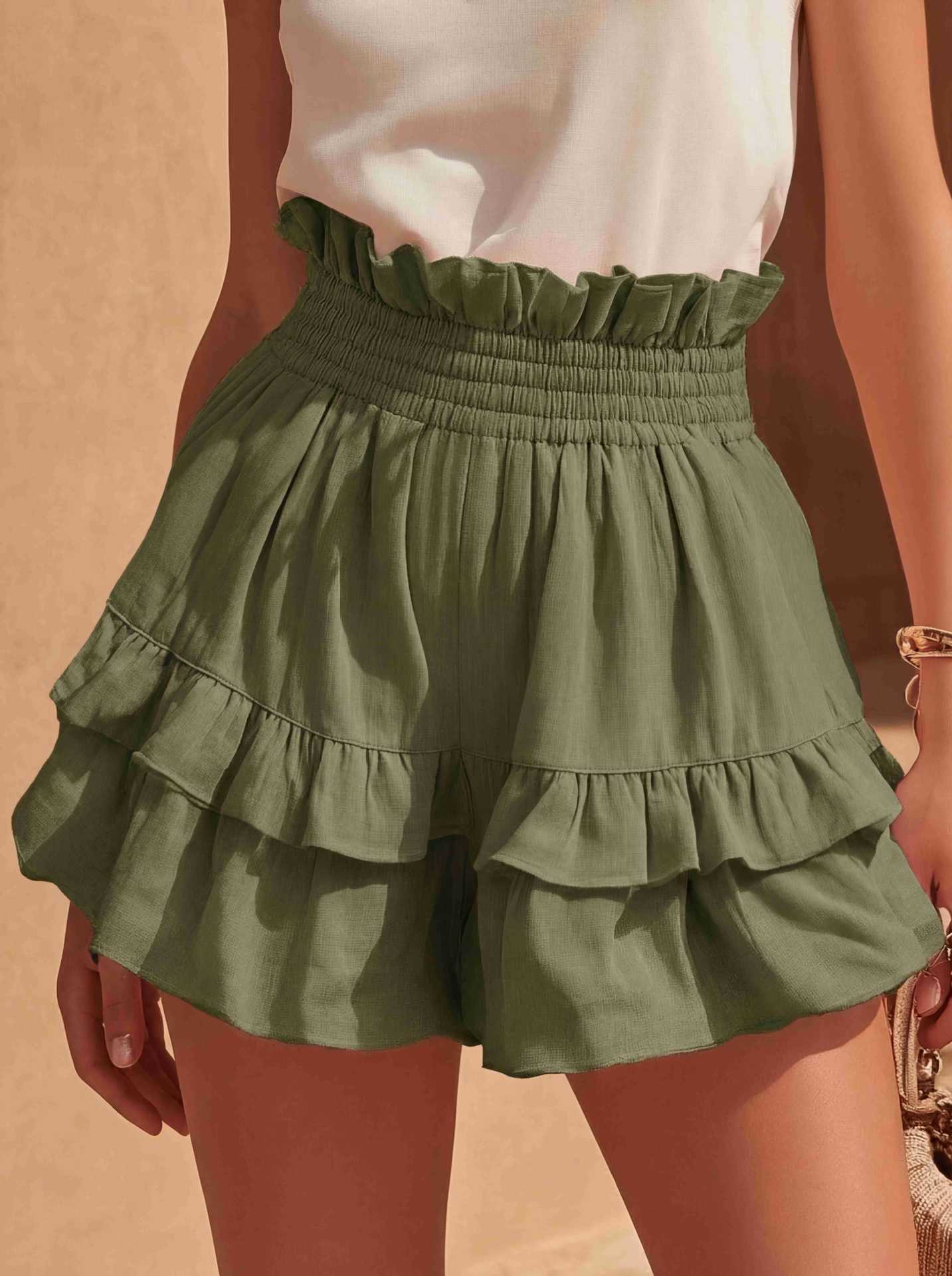 Fashionable Cinched Waist Ruffle Trim Casual Shorts - T&amp;A enterprises