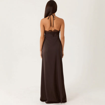 Lace-spliced Backless Slip Dress Solid Color - T&amp;A enterprises