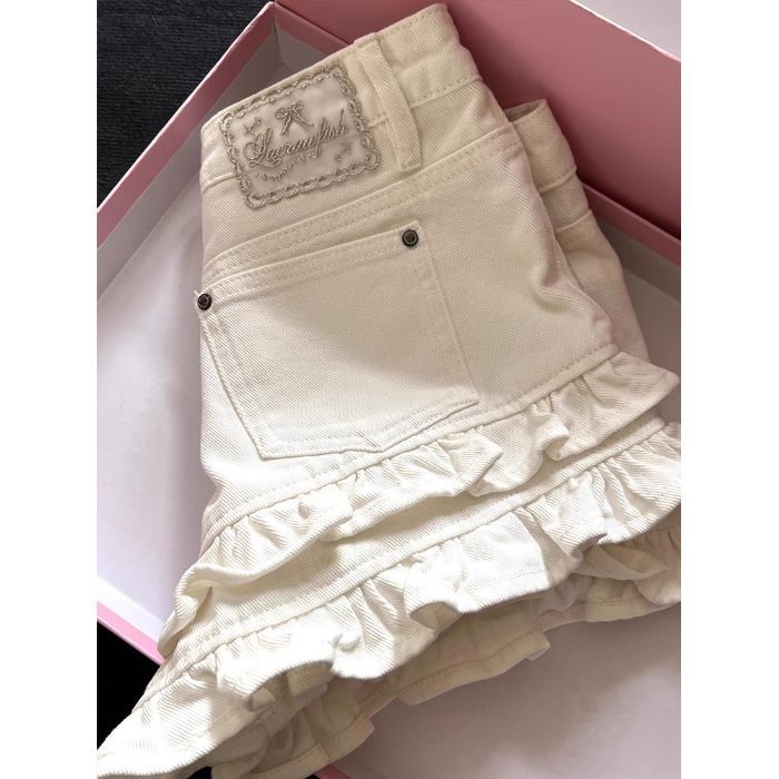 White Ruffled Panel Denim Shorts - T&amp;A enterprises