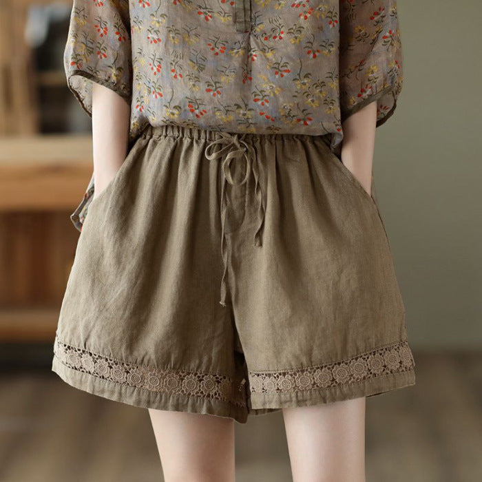 Thin Elastic-Waist Lace-up Hollowed-Out Casual Cotton-Linen Straight Pants - T&amp;A enterprises