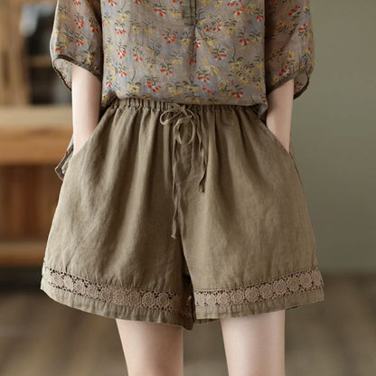 Thin Elastic-Waist Lace-up Hollowed-Out Casual Cotton-Linen Straight Pants - T&amp;A enterprises