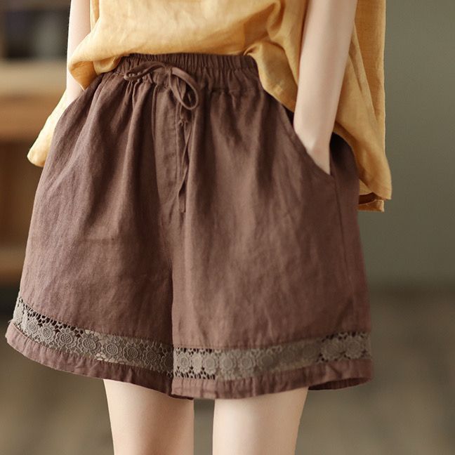 Thin Elastic-Waist Lace-up Hollowed-Out Casual Cotton-Linen Straight Pants - T&amp;A enterprises