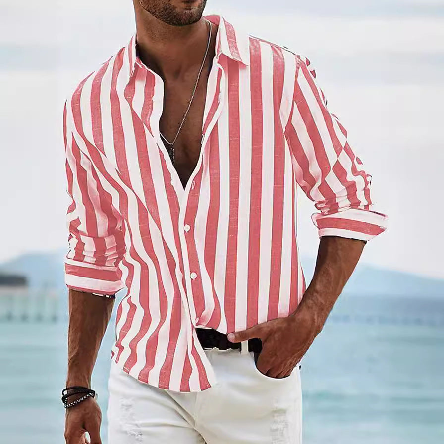 Striped Print Shirt Casual Loose Long-sleeved Shirt Men&