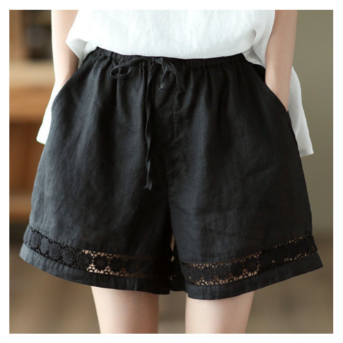 Thin Elastic-Waist Lace-up Hollowed-Out Casual Cotton-Linen Straight Pants - T&amp;A enterprises