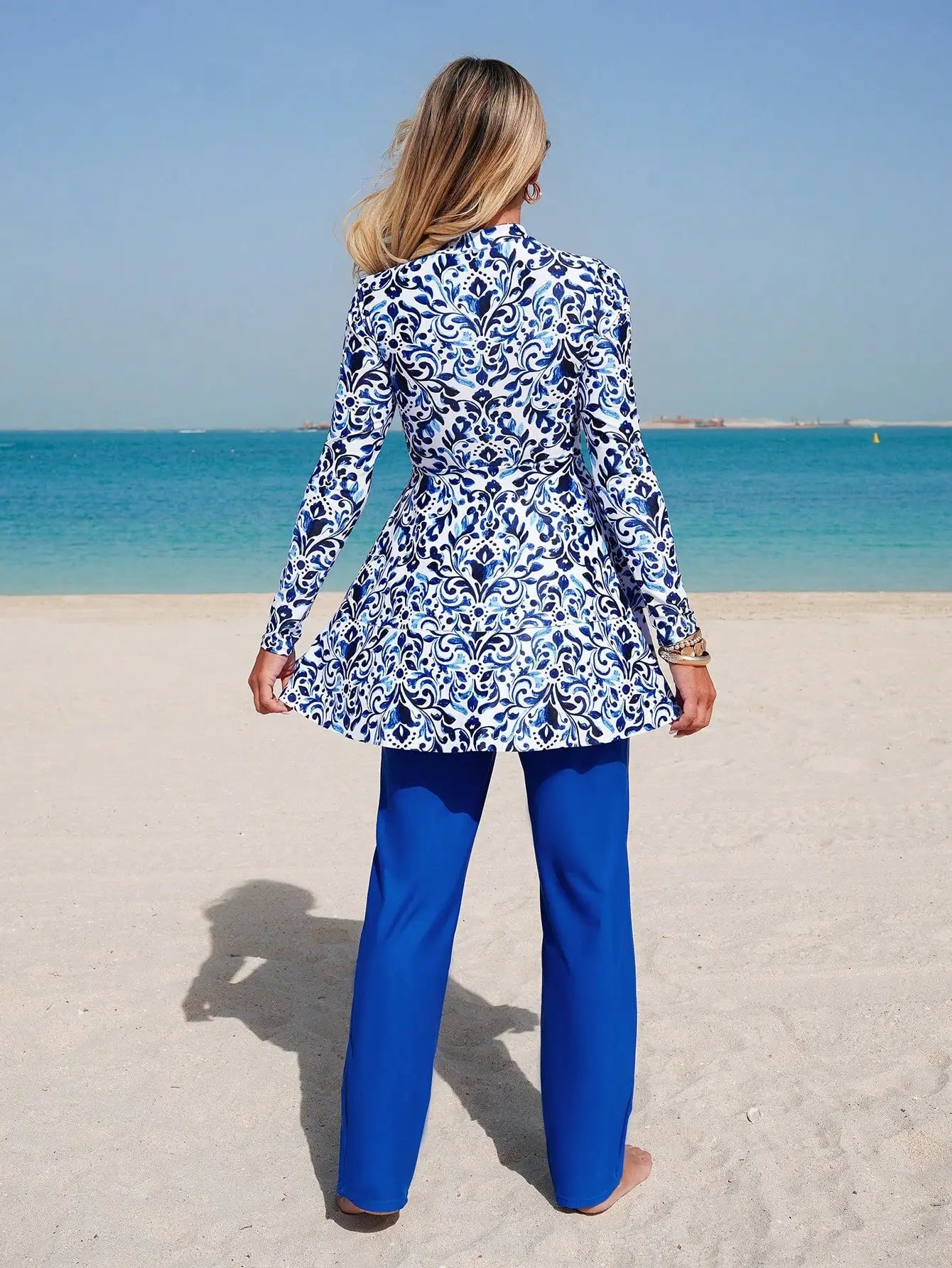 Elegant Blue And White Chinoiserie Print Peplum Jacket With Wide Leg Pants Two Piece Set For Beach Summer Holiday - T&amp;A enterprises