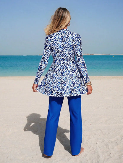 Elegant Blue And White Chinoiserie Print Peplum Jacket With Wide Leg Pants Two Piece Set For Beach Summer Holiday - T&amp;A enterprises