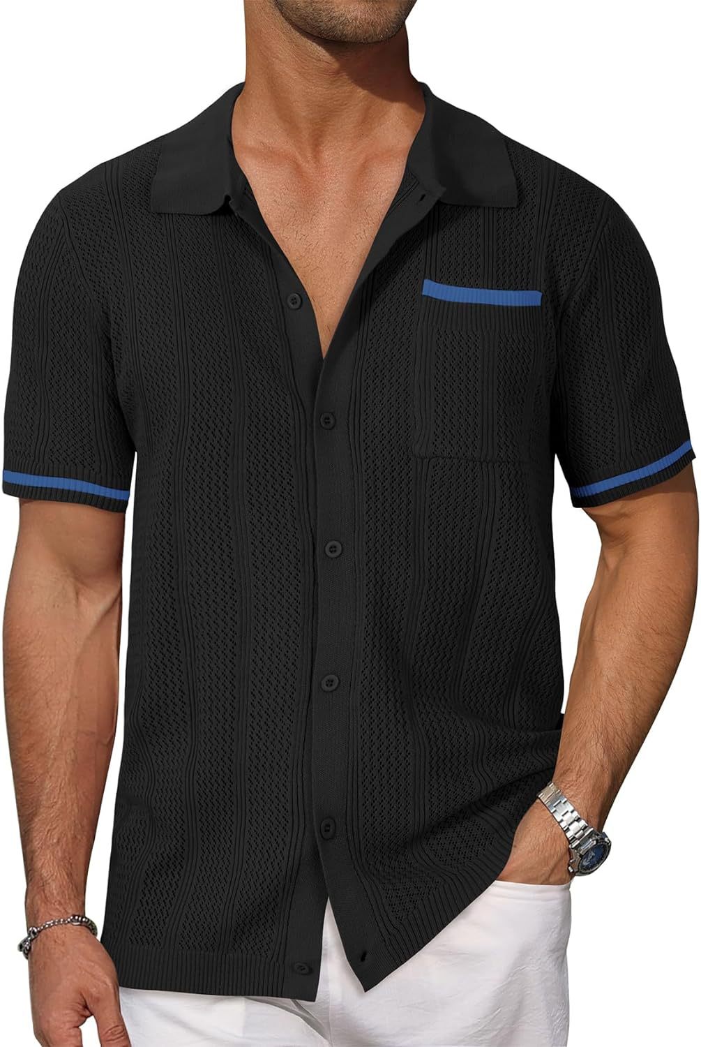Short-sleeved Shirt Pocket Hollow Breathable Cool Summer Men&