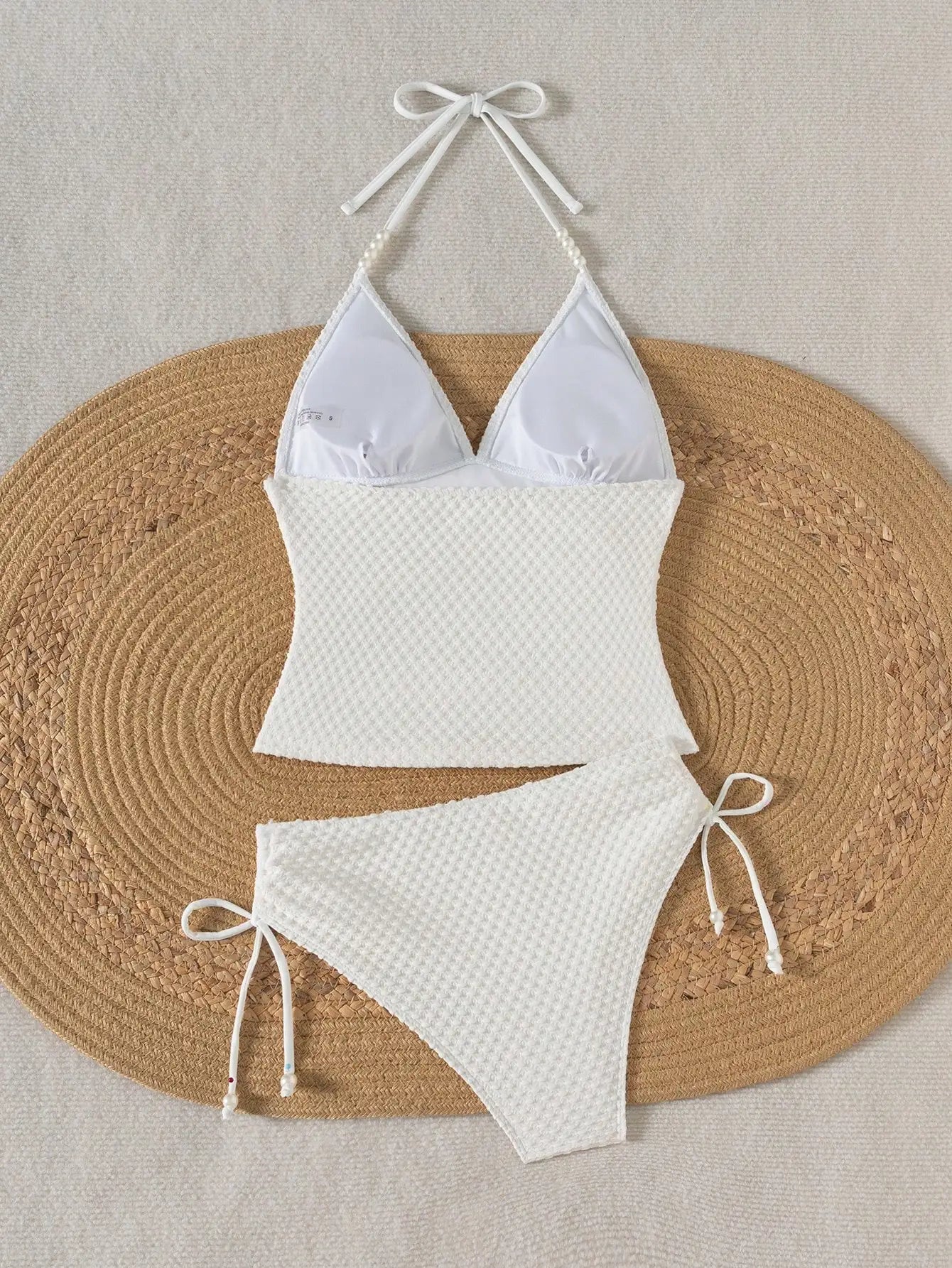 Women White Knitted Jacquard Beaded Drawstring Halter Neck Bikini Set - T&amp;A enterprises