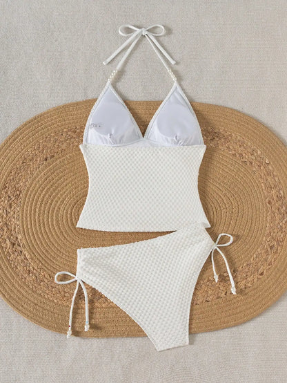 Women White Knitted Jacquard Beaded Drawstring Halter Neck Bikini Set - T&amp;A enterprises